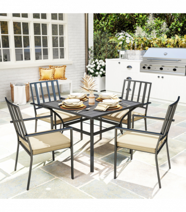 Outsunny Garden Dining Set w/ 4 Stackable Cushioned Chairs and Metal Top Table