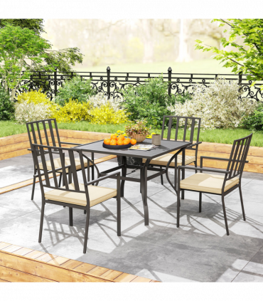 Outsunny Garden Dining Set w/ 4 Stackable Cushioned Chairs and Metal Top Table
