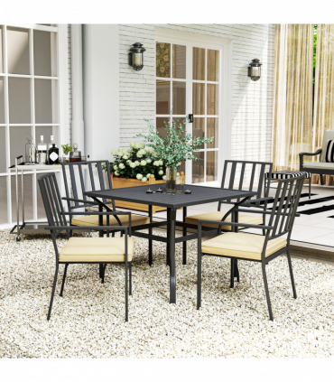 Outsunny Garden Dining Set w/ 4 Stackable Cushioned Chairs and Metal Top Table