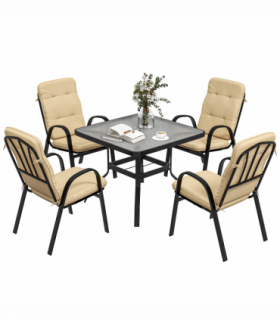 Outsunny Garden Dining Set, Glass Table w/ Umbrella Hole & Texteline Seats
