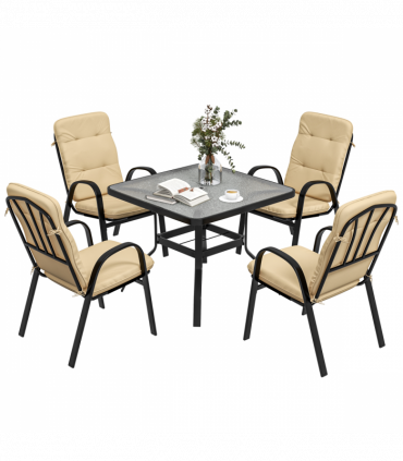 Outsunny Garden Dining Set, Glass Table w/ Umbrella Hole & Texteline Seats