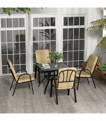 Outsunny Garden Dining Set, Glass Table w/ Umbrella Hole & Texteline Seats