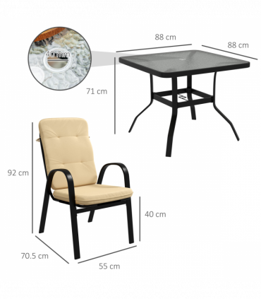 Outsunny Garden Dining Set, Glass Table w/ Umbrella Hole & Texteline Seats