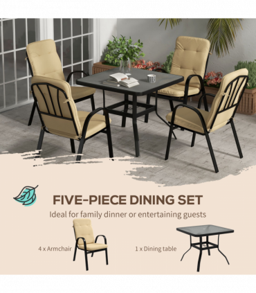 Outsunny Garden Dining Set, Glass Table w/ Umbrella Hole & Texteline Seats