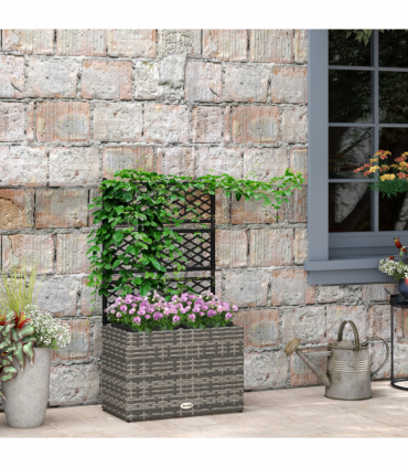 Outsunny Garden PE Rattan Planter Box with Trellis Flower Raised Bed 57x30x107cm