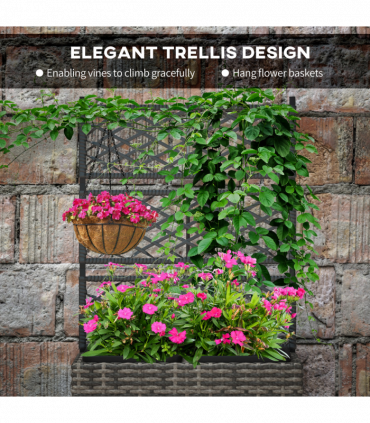 Outsunny Garden PE Rattan Planter Box with Trellis Flower Raised Bed 57x30x107cm