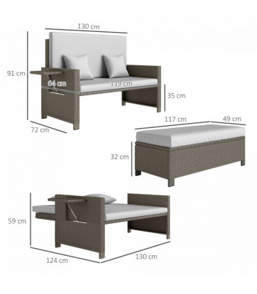 Outsunny Garden Rattan Furniture Set 2 Seater Patio Sun Lounger Daybed Sun Bed