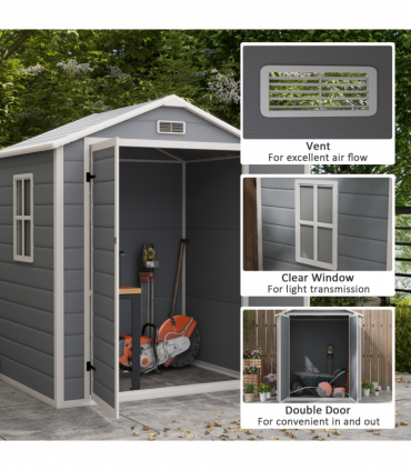 Outsunny Garden Shed 6'x4.5' Plastic Tool Storage House w/ Lockable Double Doors