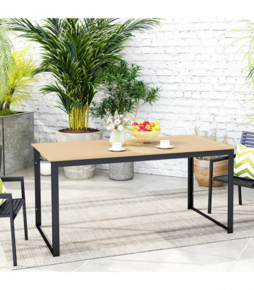 Outsunny Garden Table for 6 People with Slatted Table Top, Metal Frame, Teak