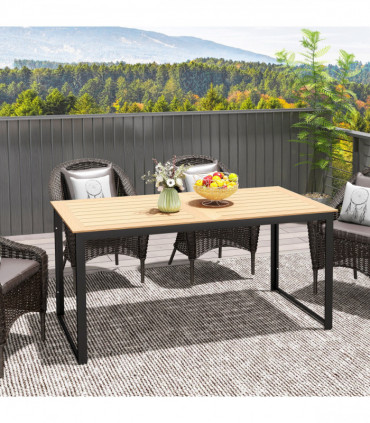 Outsunny Garden Table for 6 People with Slatted Table Top, Metal Frame, Teak