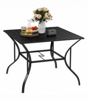 Outsunny Garden Table with Parasol Hole for Four, Slatted Metal Plate Top