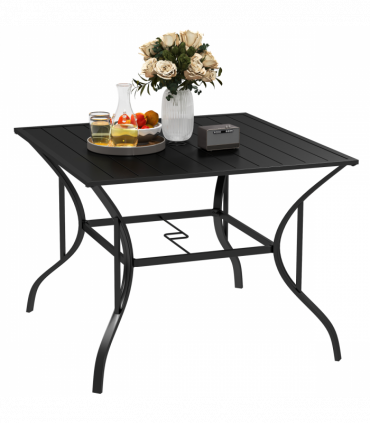 Outsunny Garden Table with Parasol Hole for Four, Slatted Metal Plate Top