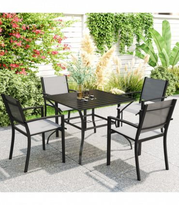 Outsunny Garden Table with Parasol Hole for Four, Slatted Metal Plate Top