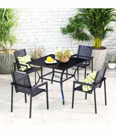 Outsunny Garden Table with Parasol Hole for Four, Slatted Metal Plate Top