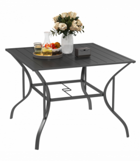 Outsunny Garden Table with Parasol Hole for Four, Slatted Metal Plate Top Grey
