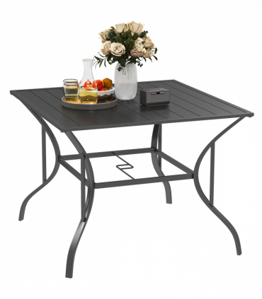 Outsunny Garden Table with Parasol Hole for Four, Slatted Metal Plate Top Grey