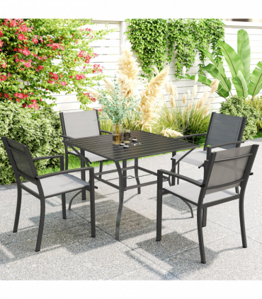 Outsunny Garden Table with Parasol Hole for Four, Slatted Metal Plate Top Grey