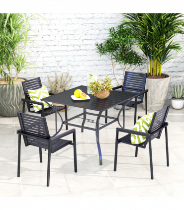 Outsunny Garden Table with Parasol Hole for Four, Slatted Metal Plate Top Grey