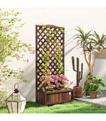 Outsunny Garden Wooden Planter Box with Trellis Flower Raised Bed Dark Brown