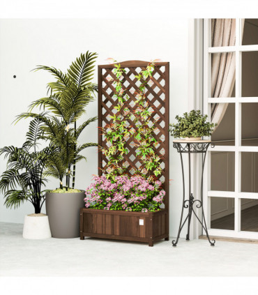 Outsunny Garden Wooden Planter Box with Trellis Flower Raised Bed Dark Brown