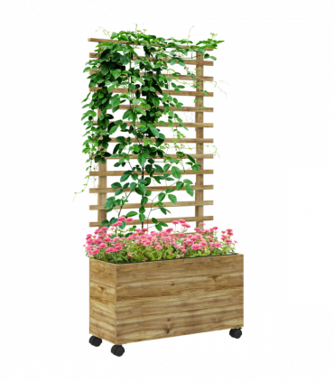 Outsunny Garden Wooden Trellis Planter Box Raised Bed w/ 4 Wheels, Natural