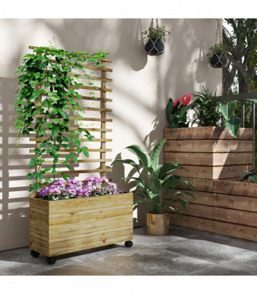 Outsunny Garden Wooden Trellis Planter Box Raised Bed w/ 4 Wheels, Natural