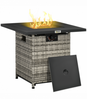 Outsunny Gas Fire Pit Table w/ Rain Cover, Mesh Lid & Lava Stone, 40,000 BTU