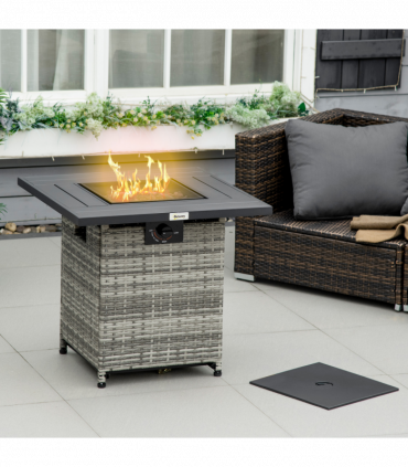 Outsunny Gas Fire Pit Table w/ Rain Cover, Mesh Lid & Lava Stone, 40,000 BTU