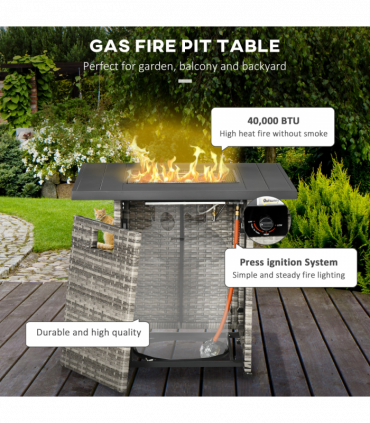Outsunny Gas Fire Pit Table w/ Rain Cover, Mesh Lid & Lava Stone, 40,000 BTU
