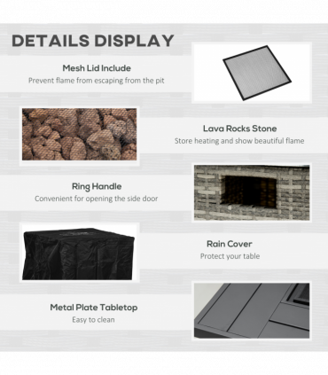Outsunny Gas Fire Pit Table w/ Rain Cover, Mesh Lid & Lava Stone, 40,000 BTU