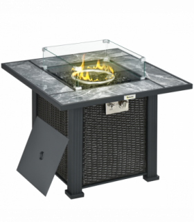 Outsunny Gas Fire Pit Table w/ Rain Cover, Windscreen & Glass Stone, 50,000 BTU