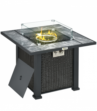 Outsunny Gas Fire Pit Table w/ Rain Cover, Windscreen & Glass Stone, 50,000 BTU