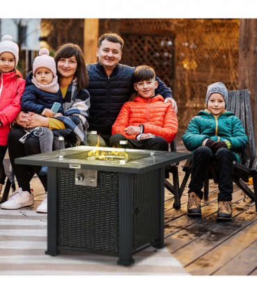 Outsunny Gas Fire Pit Table w/ Rain Cover, Windscreen & Glass Stone, 50,000 BTU