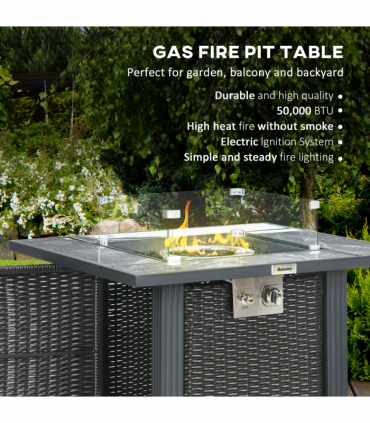 Outsunny Gas Fire Pit Table w/ Rain Cover, Windscreen & Glass Stone, 50,000 BTU