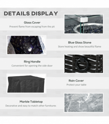 Outsunny Gas Fire Pit Table w/ Rain Cover, Windscreen & Glass Stone, 50,000 BTU