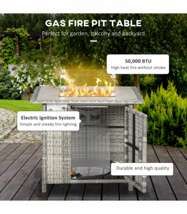 Outsunny Gas Fire Pit Table w/ Rain Cover, Windscreen & Lava Stone, 50,000 BTU