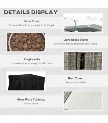 Outsunny Gas Fire Pit Table w/ Rain Cover, Windscreen & Lava Stone, 50,000 BTU