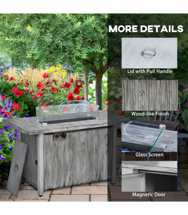 Outsunny Gas Fire Pit Table with 50,000 BTU Burner, Cover, Glass Screen, Grey