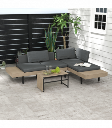 Outsunny HDPE Garden Furniture Sets with Cushions, Table, L-Shaped Sofa, Grey