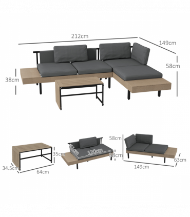 Outsunny HDPE Garden Furniture Sets with Cushions, Table, L-Shaped Sofa, Grey