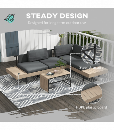 Outsunny HDPE Garden Furniture Sets with Cushions, Table, L-Shaped Sofa, Grey