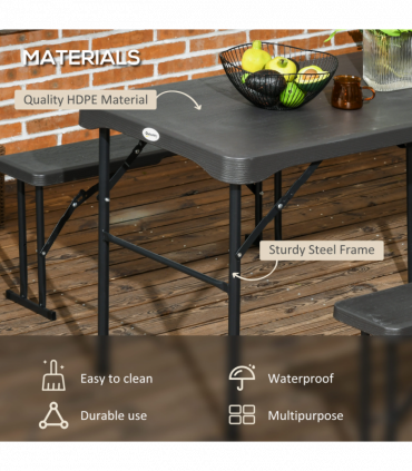 Outsunny HDPE Picnic Table Set w/ Beer Table & 2 Benches for 6, Dark Grey