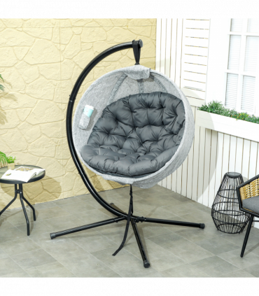 Outsunny Hanging Egg Chair Outdoor Indoor Swing Chair, Folding Basket, Grey