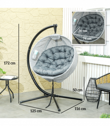 Outsunny Hanging Egg Chair Outdoor Indoor Swing Chair, Folding Basket, Grey