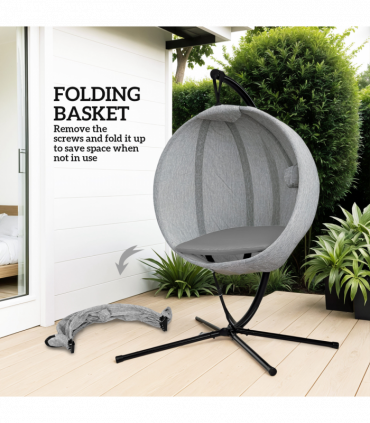 Outsunny Hanging Egg Chair Outdoor Indoor Swing Chair, Folding Basket, Grey