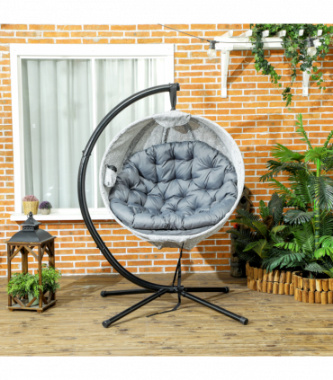 Outsunny Hanging Egg Chair Outdoor Indoor Swing Chair, Folding Basket, Grey