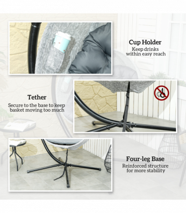 Outsunny Hanging Egg Chair Outdoor Indoor Swing Chair, Folding Basket, Grey