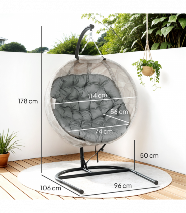 Outsunny Hanging Egg Chair Outdoor Indoor Swing Chair, Folding Basket, Grey