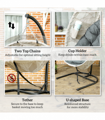 Outsunny Hanging Egg Chair Outdoor Indoor Swing Chair, Folding Basket, Grey