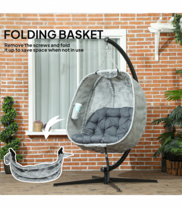 Outsunny Hanging Egg Chair Outdoor Indoor Swing Chair, Folding Basket, Grey